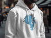 White hoodie with Sebago Lake Maine map and compass graphic.