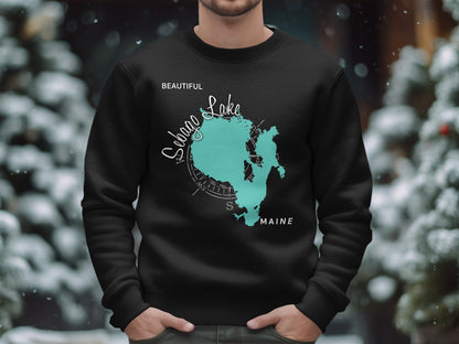 Black sweatshirt with a teal map graphic of Sebago Lake, Maine.