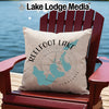 Decorative pillow with Reelfoot Lake map and compass on a wooden chair.