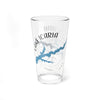 Clear glass pint glass with Lake Icarian Iowa map design and compass graphic.
