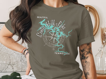 T-shirt graphic of a compass rose over a map of Center Hill Lake, Tennessee.
