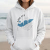 White hoodie with Lake Erie map, compass, and "New York" text design.