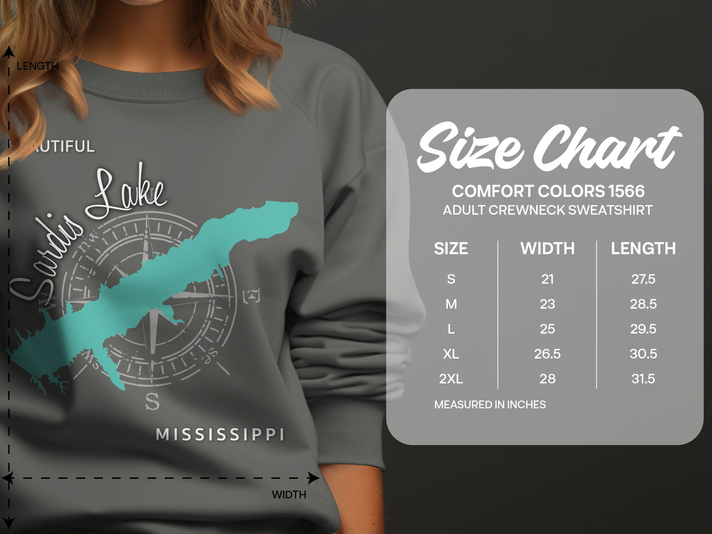 Lake Sardis Mississippi sweatshirt size chart with width and length measurements.