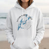 White hoodie with Logan Martin Lake Alabama map and compass graphic.