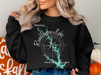 Black sweatshirt with Randleman Lake map and compass design.
