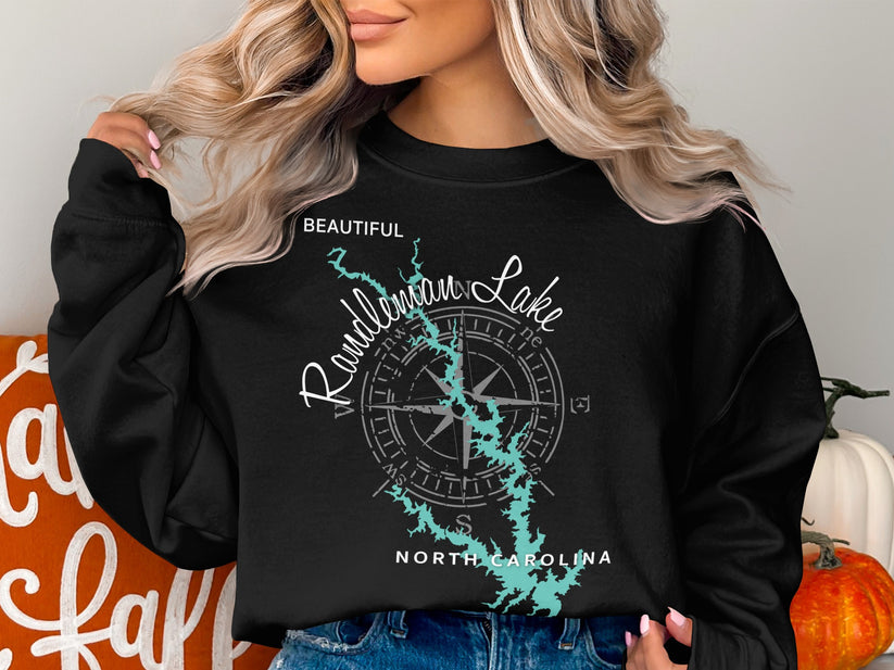 Black sweatshirt with Randleman Lake map and compass design.