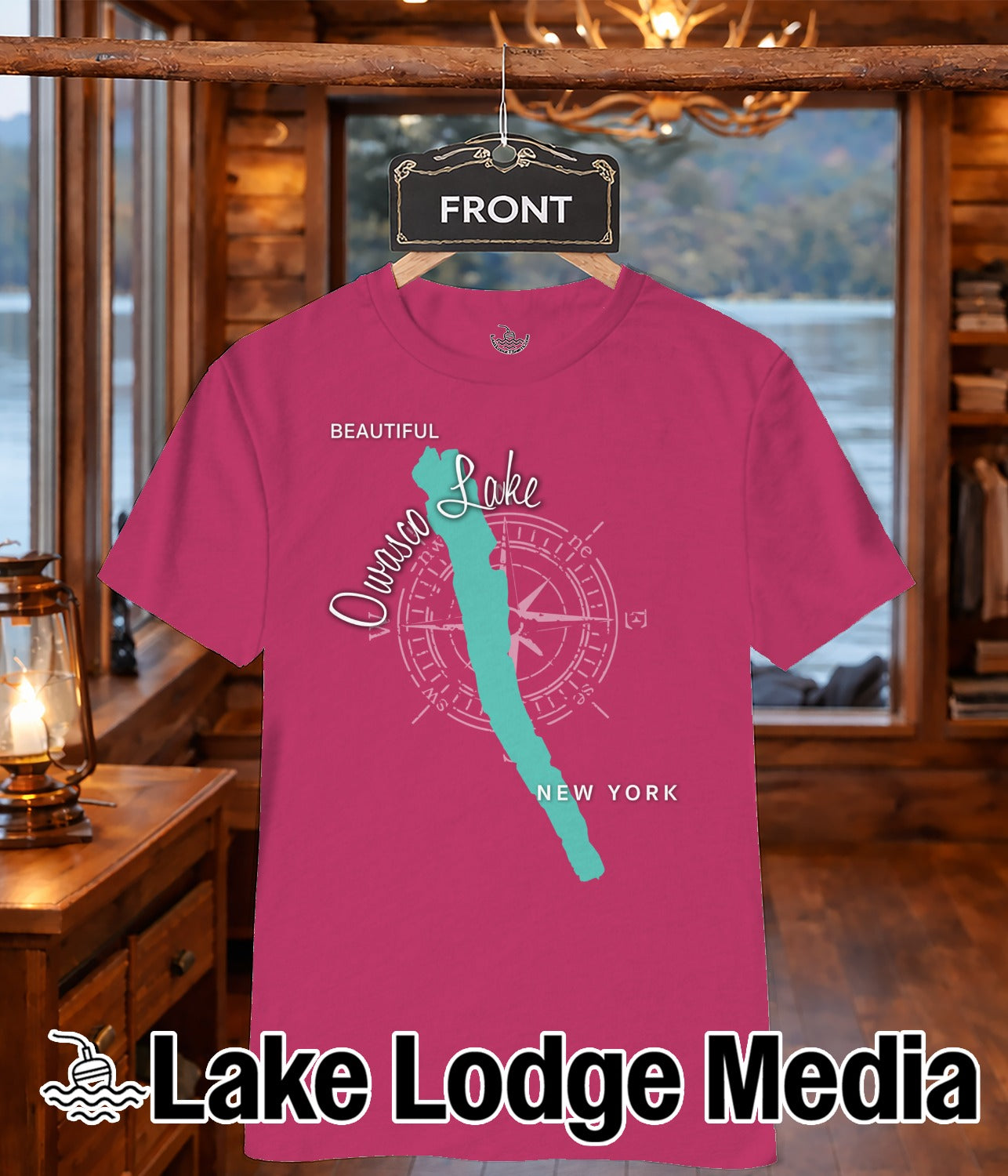 Pink t-shirt with compass graphic and text "Owasso Lake NEW YORK".