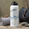 White water bottle with "KEN LAKE" text and a compass design with blue water graphics.