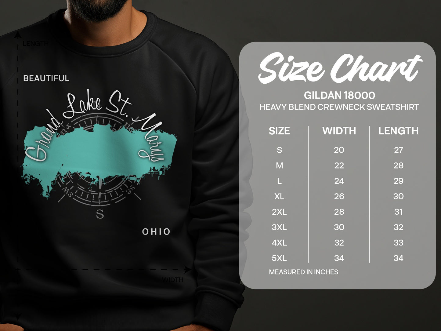 Crewneck sweatshirt size chart with map graphic of Grand Lake St. Marys, Ohio.