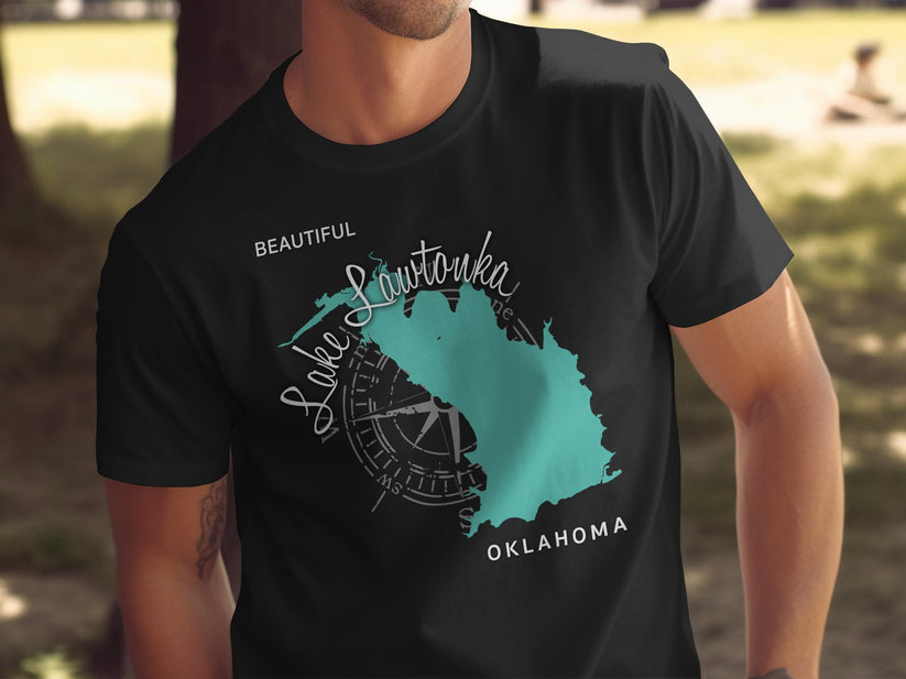 Black t-shirt with teal Lake Lawtonka map graphic and compass.