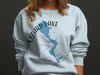 Light blue sweatshirt with Lizard Lake Minnesota map and compass graphic.
