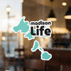 Stickers with teal lake outlines and "madison LIFE" text.