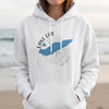 White hoodie with Lake Erie map and compass design, "LAKE ERIE ONTARIO" text.