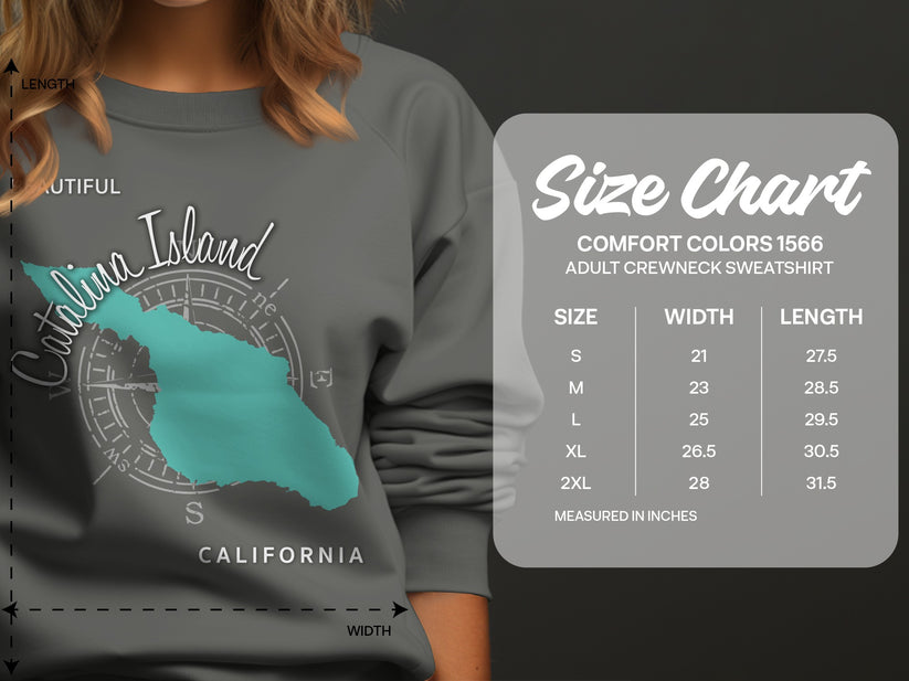 Comfort Colors 1566 adult crewneck sweatshirt size chart with measurements.