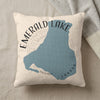 Pillow with blue Emerald Lake map outline and text Canada