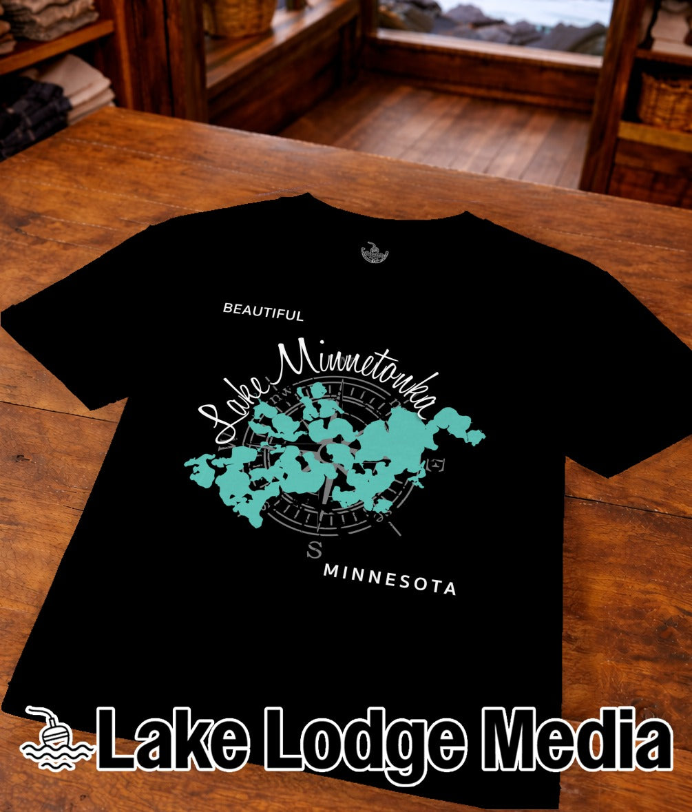 Black t-shirt with Lake Minnetonka map and compass graphic.