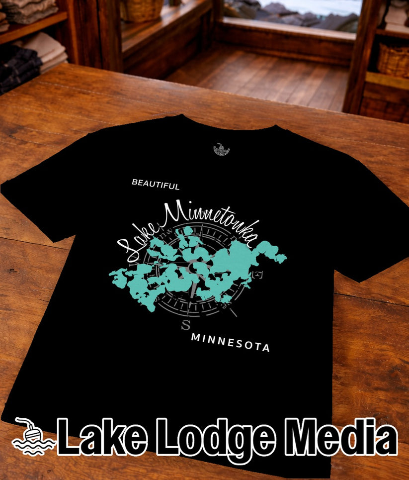 Black t-shirt with Lake Minnetonka map and compass graphic.