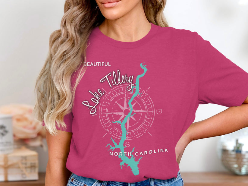 T-shirt with "Beautiful Lake Tillery" and compass rose map of North Carolina.