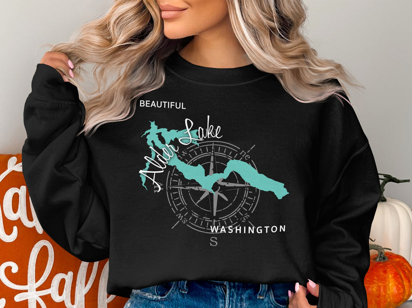 Black sweatshirt with Lake Wenatchee, Washington map and compass design.