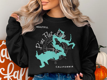 Black sweatshirt featuring a teal map of Pine Flat Lake with compass rose and text.