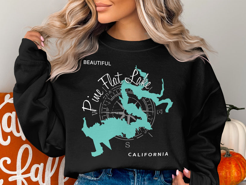 Black sweatshirt featuring a teal map of Pine Flat Lake with compass rose and text.