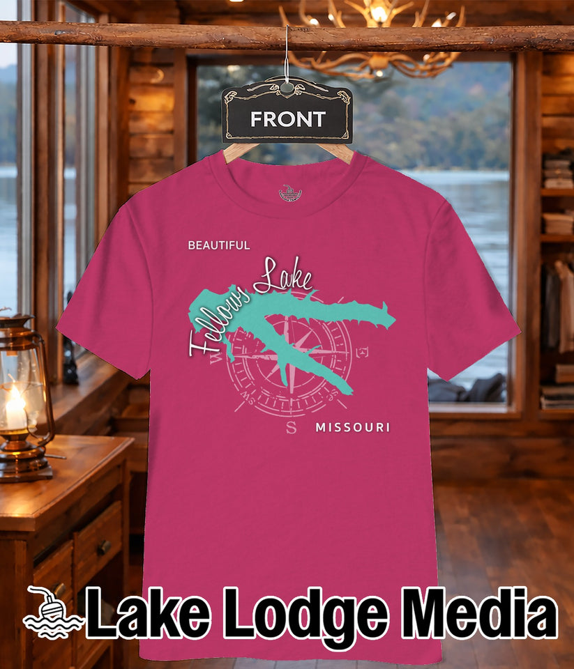 Pink t-shirt with a compass rose and "Fellows Lake Missouri" graphic.