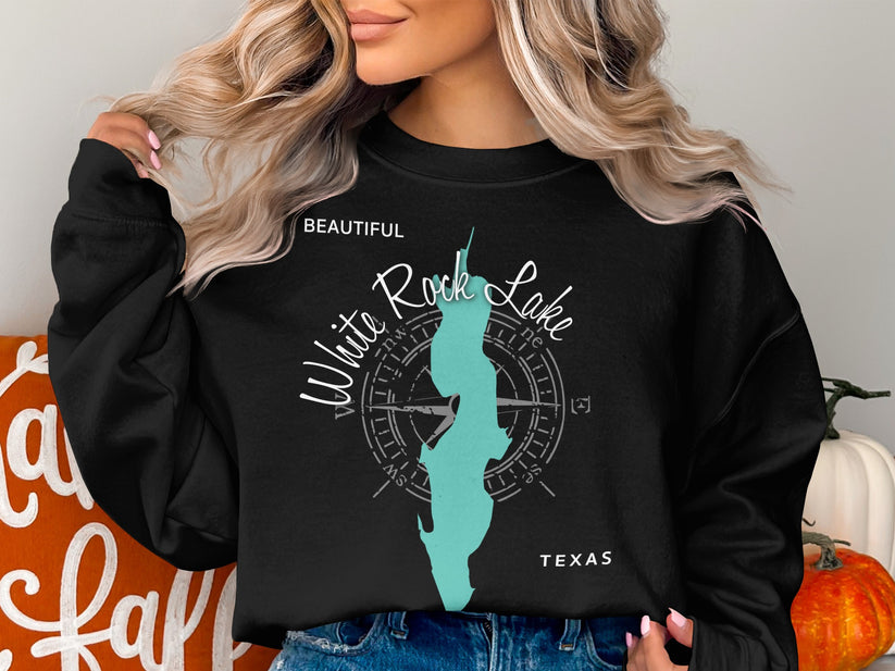 Black sweatshirt with "Beautiful White Rock Lake Texas" text and a teal lake graphic.