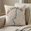 Pillow with Lake Okanagan, British Columbia map and compass design.