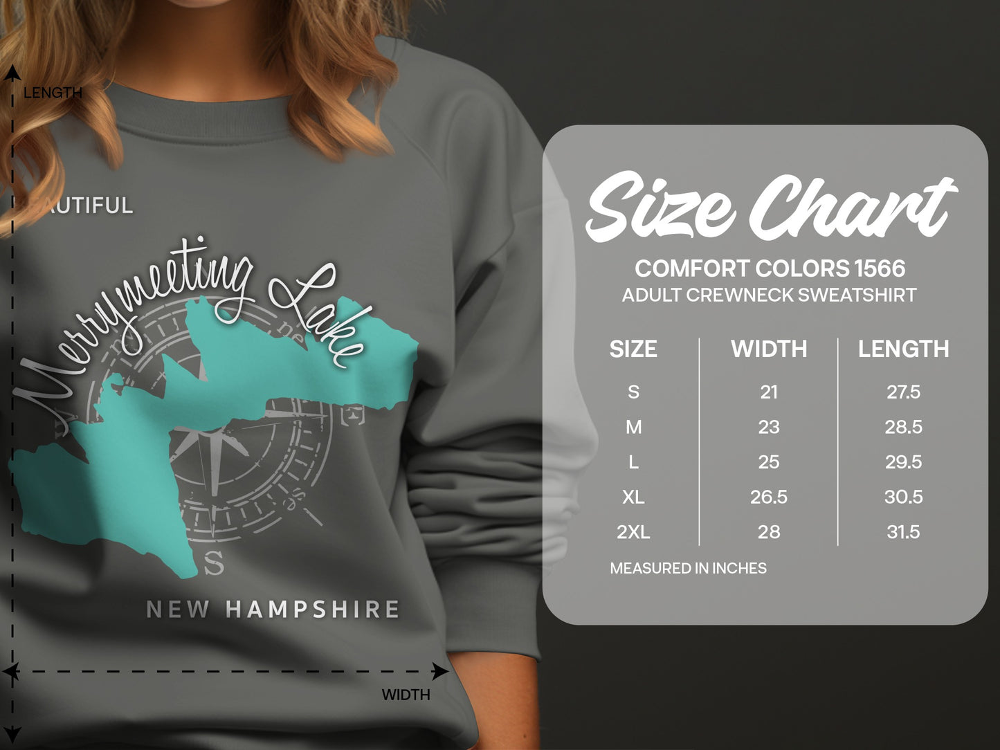 Size chart for Comfort Colors 1566 adult crewneck sweatshirt.