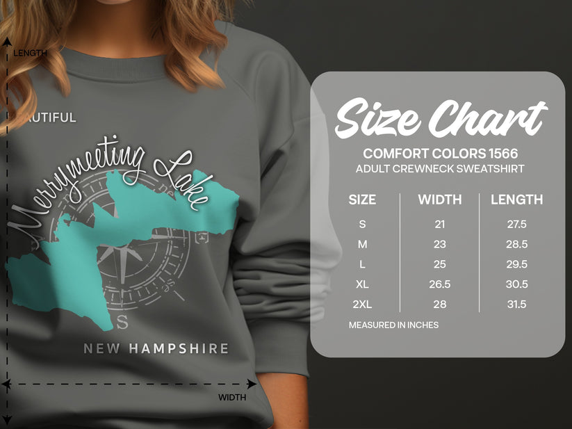 Size chart for Comfort Colors 1566 adult crewneck sweatshirt.
