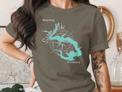 Spoon Lake, Illinois map compass design on olive green t-shirt.