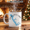 White mug with Cedar Creek Lake, Texas map, and compass design.