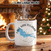 White mug with Lake Kabetogama, Minnesota map and compass graphic.