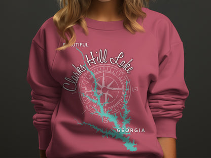 Maroon sweatshirt with "Clarks Hill Lake Georgia" and compass design.