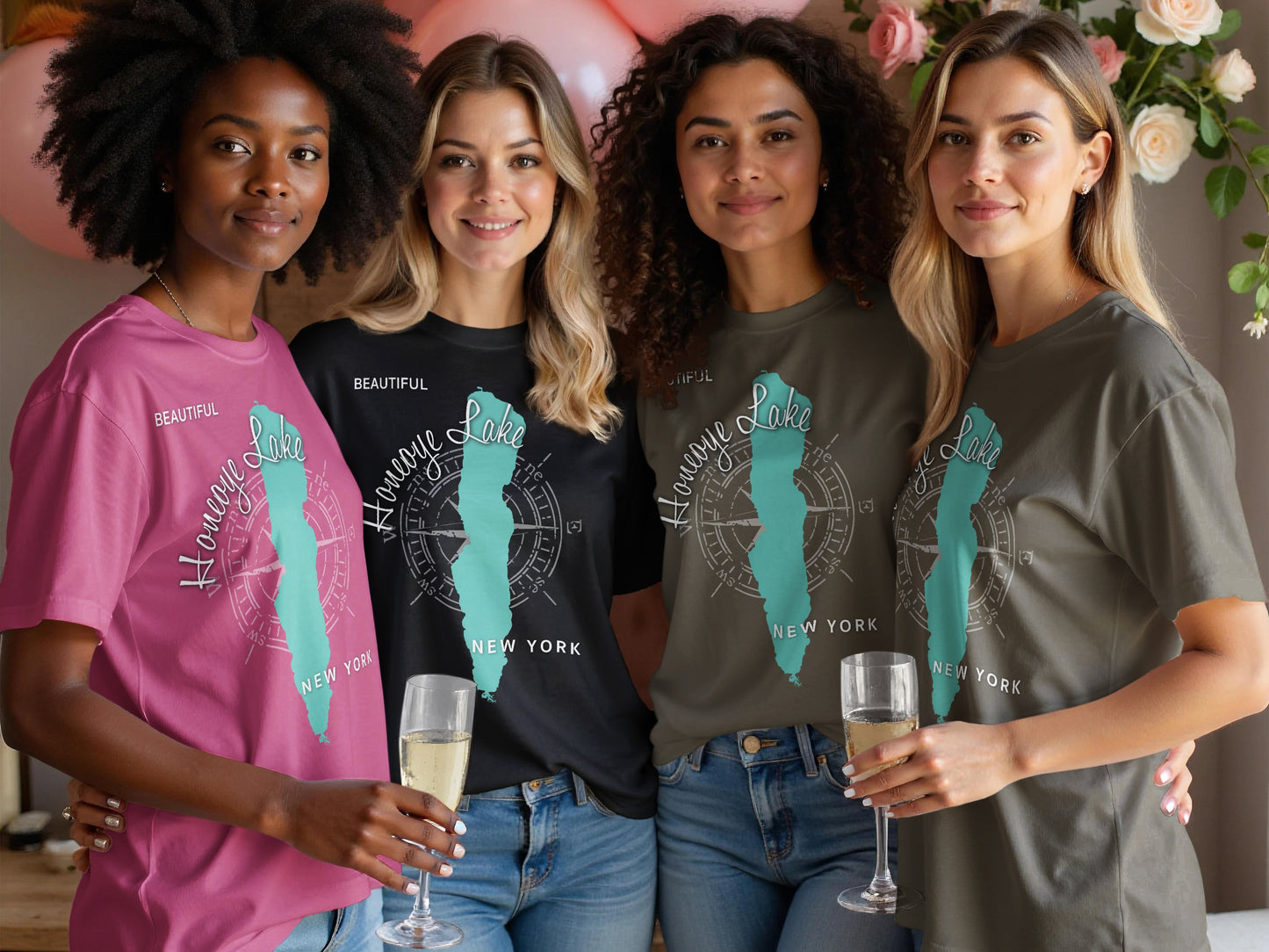 Four women wear t-shirts with "Honeoye Lake" and compass graphics.