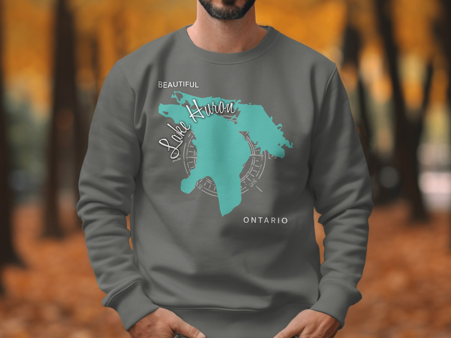 Grey sweatshirt with "Beautiful Lake Huron Ontario" text and map graphic.