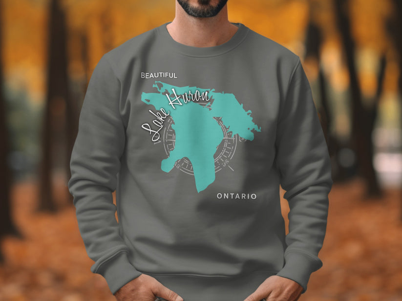 Grey sweatshirt with "Beautiful Lake Huron Ontario" text and map graphic.
