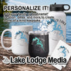 Personalizable mug, tumbler, and water bottle with Evergreen Lake design.