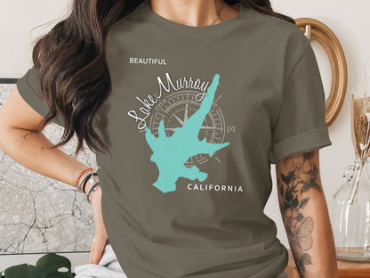Lake Murray California graphic on a charcoal t-shirt.