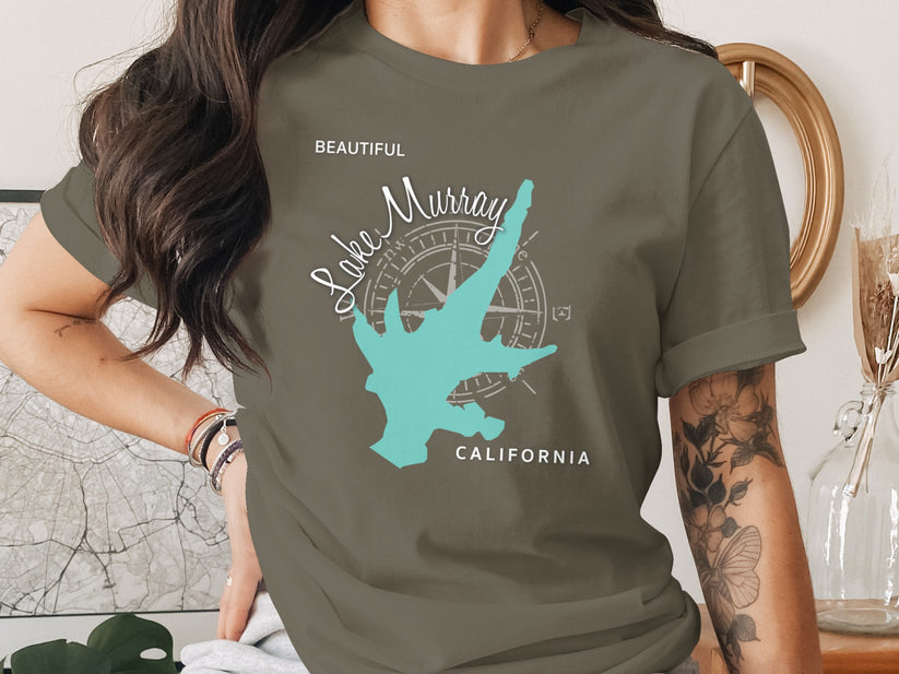 Lake Murray California graphic on a charcoal t-shirt.