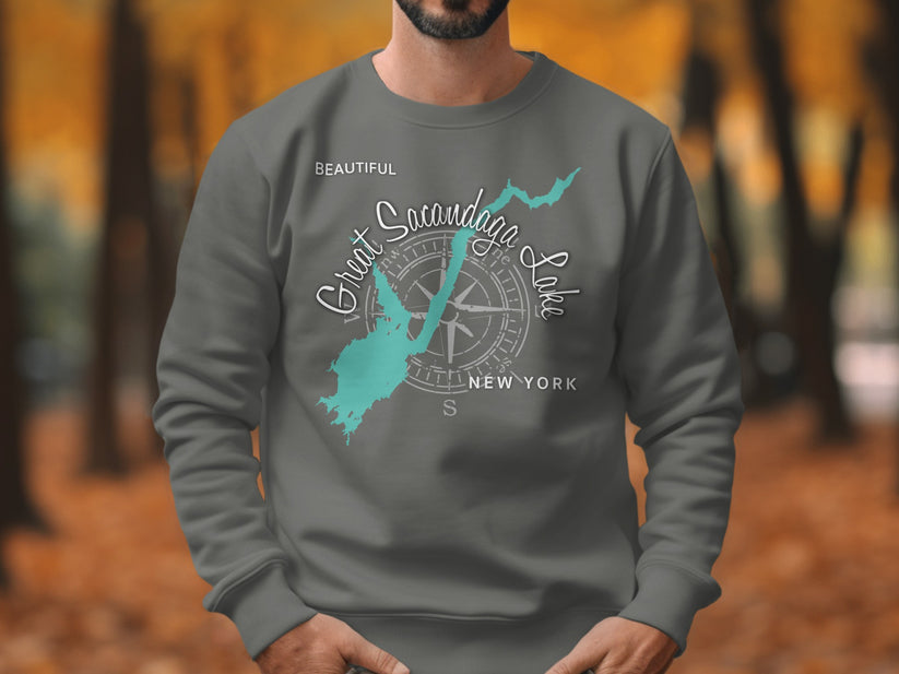 Gray sweatshirt featuring "Great Sacandaga Lake" compass design with New York state outline.