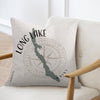 Pillow with Long Lake map silhouette and compass rose design, "MAINE" text.