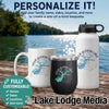 Mug, tumbler, and water bottle with custom lake designs and text options.