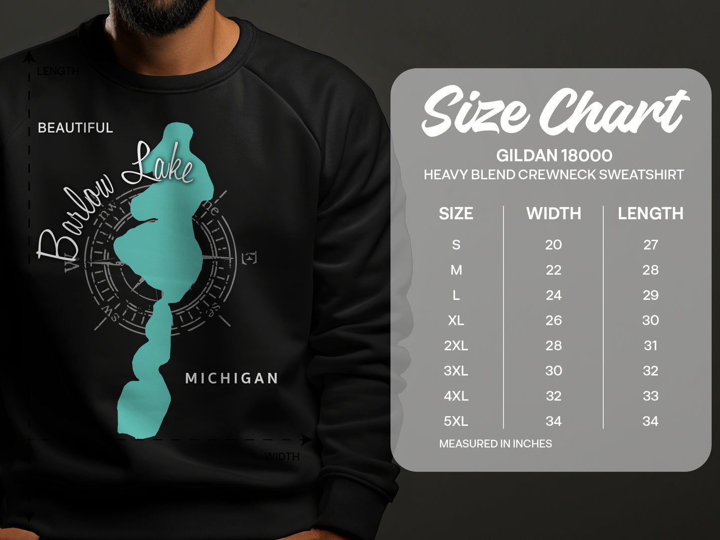 Crewneck sweatshirt size chart with lake outline and Michigan text.