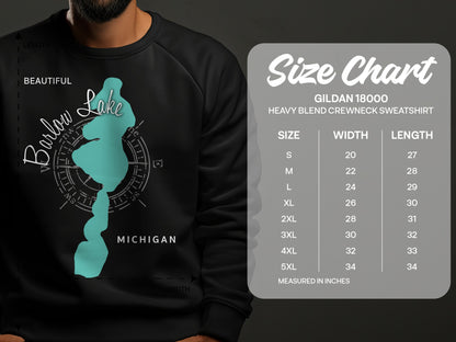 Crewneck sweatshirt size chart with lake outline and Michigan text.