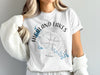 White t-shirt with "Highland Lakes" text, compass rose, and Texas lake map graphic.