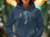 Navy hoodie with Lake Leelanau, Michigan compass design on chest.