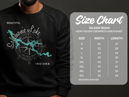 Crewneck sweatshirt with Salamonie Lake map and size chart.