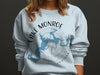 White sweatshirt with Lake Monroe Indiana map and compass graphic.