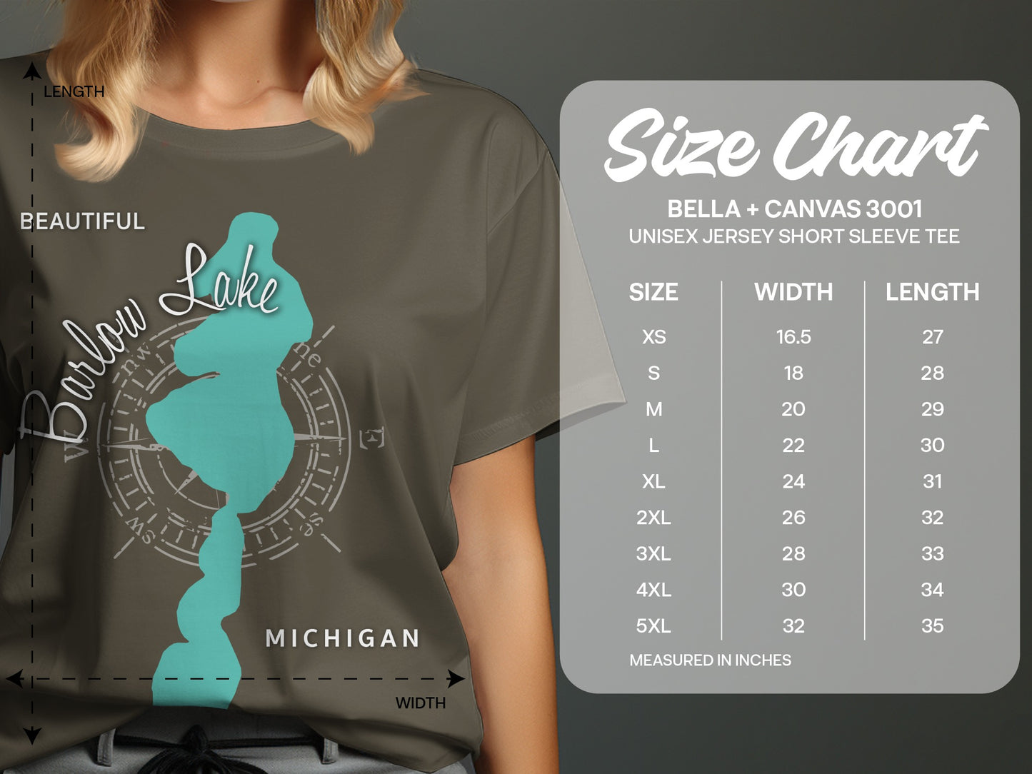 T-shirt size chart for Barlow Lake graphic on taupe shirt.